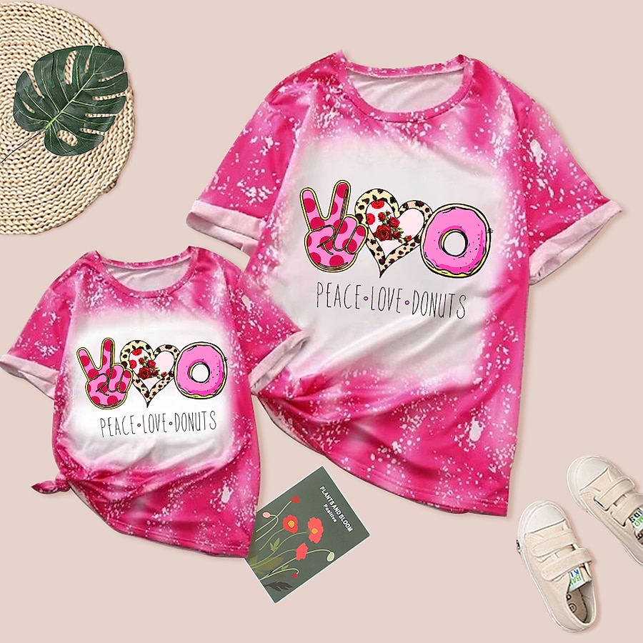 Mommy and Me Valentines T shirt Tops Causal Heart Rose Letter Print Pink Short Sleeve Daily Matching Outfits / Summer / Cute