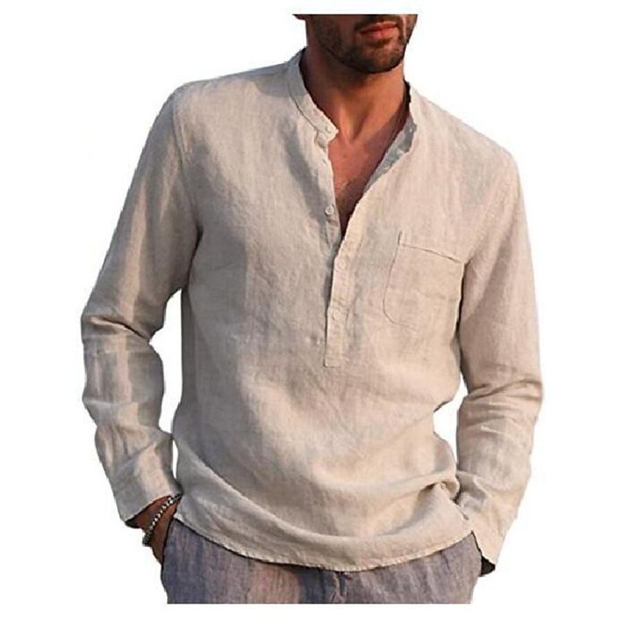  Men's Shirt Solid Color Collar V Neck Street Beach Long Sleeve Tops Cotton Lightweight Casual / Sporty Breathable Henley Light Blue White Black / Wet and Dry Cleaning