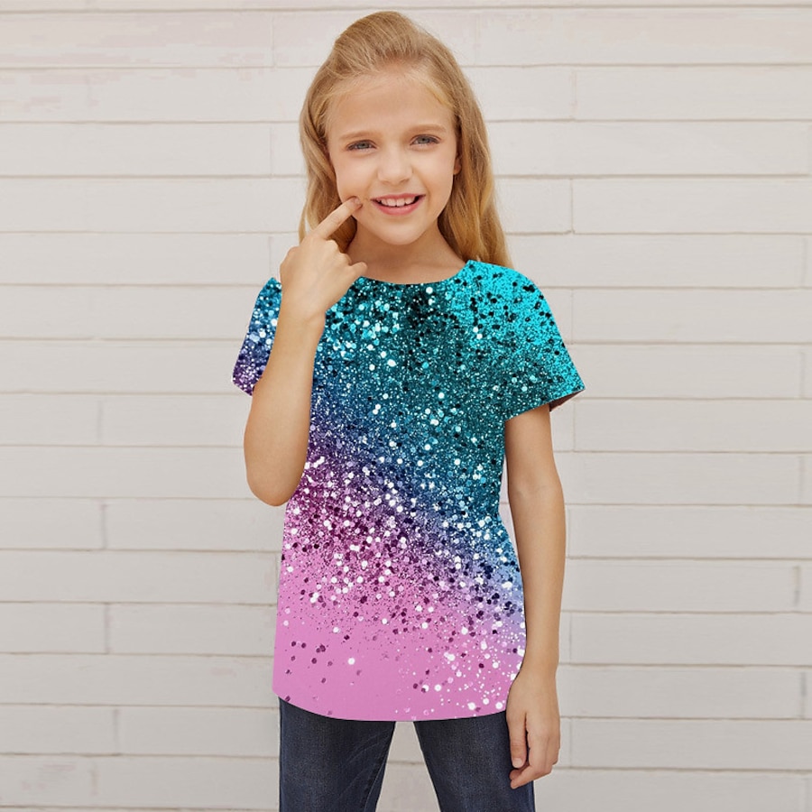  Kids Girls' T shirt Short Sleeve 3D Print Color Block Blue Purple Pink Children Tops Active Fashion Streetwear Spring Summer Daily Indoor Outdoor Regular Fit 3-12 Years / Cute