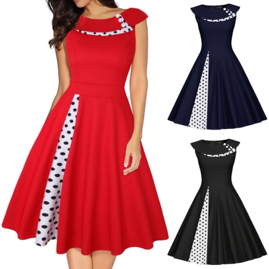  Audrey Hepburn Country Girl Gentlewoman Polka Dots Classical Retro Vintage 1950s Cocktail Dress Dress Party Costume Christmas Dress Rockabilly Women's Costume Black / Red / Blue Vintage Cosplay Short
