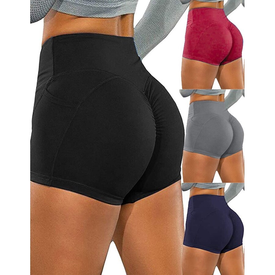  Women's Yoga Shorts Shorts Scrunch Butt Side Pockets Ruched Butt Lifting Fashion Tummy Control Butt Lift Black Gray Burgundy Yoga Fitness Gym Workout Sports Activewear Stretchy