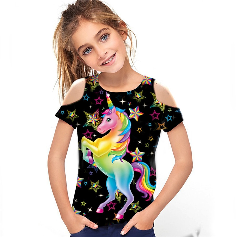  Kids Girls' T shirt Short Sleeve 3D Print Hollow Out Unicorn Star Animal Black Children Tops Active Fashion Streetwear Spring Summer Daily Outdoor Regular Fit 3-12 Years / Cute