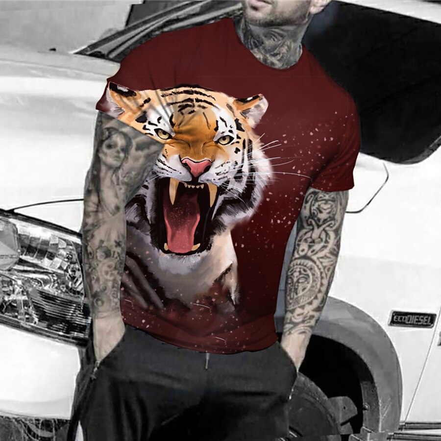 Men's Unisex T shirt Tee Graphic Prints Tiger Animal 3D Print Crew Neck Street Daily Short Sleeve Print Tops Casual Designer Big and Tall Sports Red / Summer