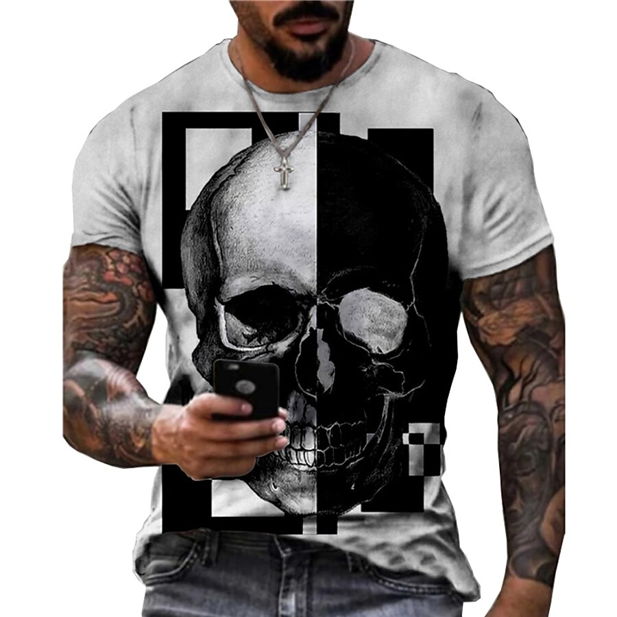  Men's Unisex T shirt Tee Color Block Graphic Prints Skull 3D Print Crew Neck Street Daily Short Sleeve Print Tops Casual Designer Big and Tall Sports Gray / Summer