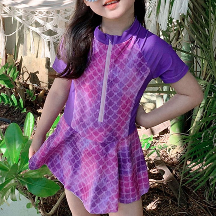  Kids Girls' One Piece Swimwear Swimsuit Mesh Swimwear Short Sleeves Scales Purple Active Cute Outdoor Swimming Bathing Suits 2-8 Years / Spring / Summer