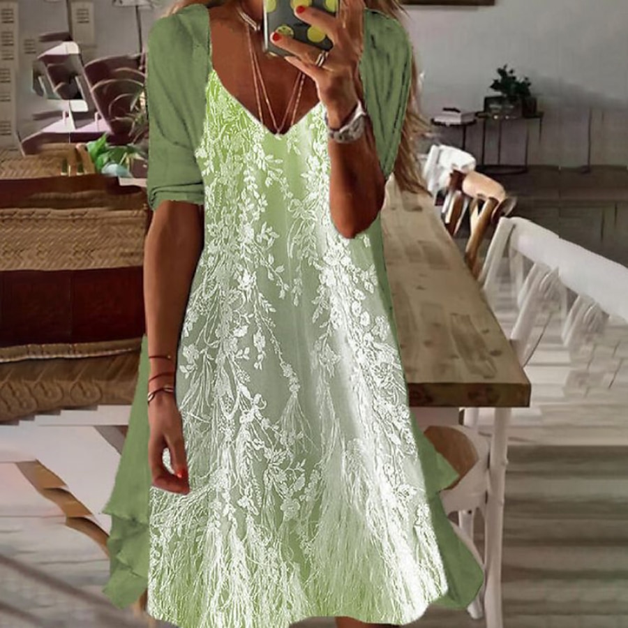  Women's Midi Dress Two Piece Dress Green Long Sleeve Print Floral V Neck Spring Summer Party Party Stylish 2022 S M L XL XXL 3XL / Party Dress