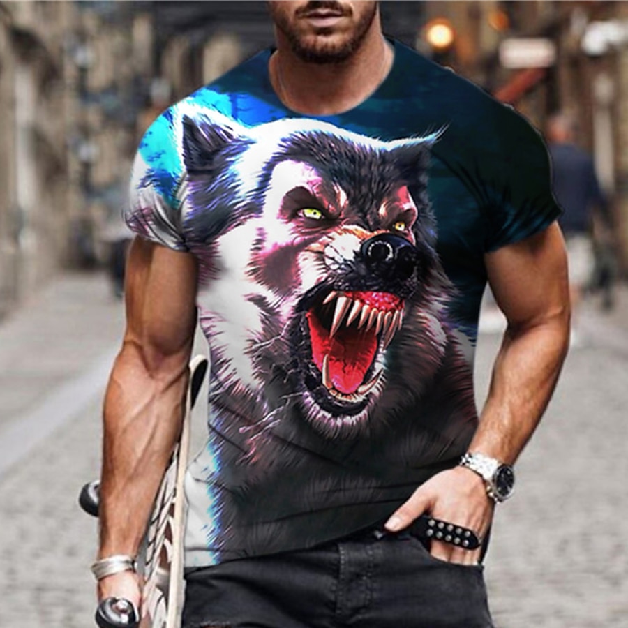  Men's Unisex T shirt Tee Graphic Prints Wolf Animal 3D Print Crew Neck Street Daily Short Sleeve Print Tops Casual Designer Big and Tall Sports Blue / Summer