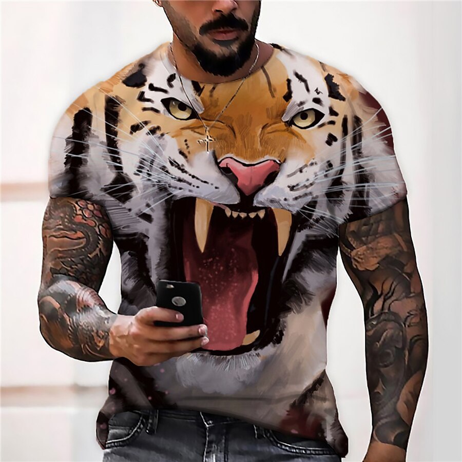  Men's Unisex T shirt Tee Graphic Prints Tiger Animal 3D Print Crew Neck Street Daily Short Sleeve Print Tops Casual Designer Big and Tall Sports Orange / Summer