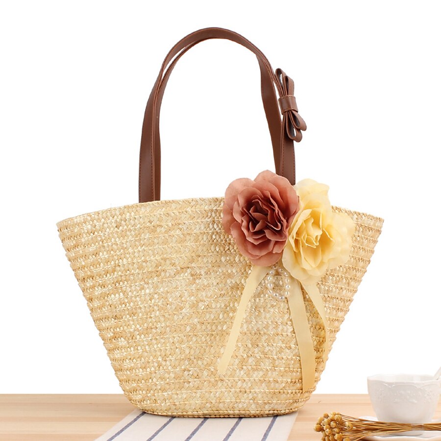  Women's Polyester Cotton Top Handle Bag Straw Bag Shoulder Bag Zipper Daily Going out Solid Color Camel