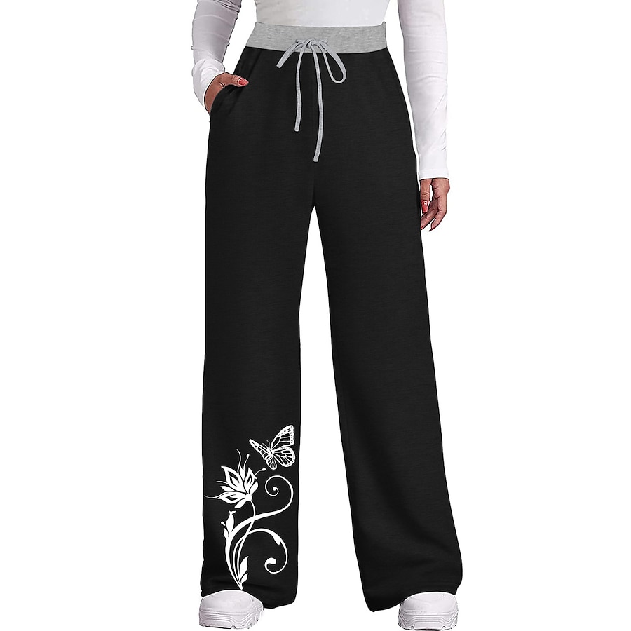  Women's Casual / Sporty Athleisure Side Pockets Elastic Drawstring Design Print Culottes Wide Leg Chinos Sweatpants Full Length Pants Micro-elastic Casual Weekend Butterfly Mid Waist Comfort Loose
