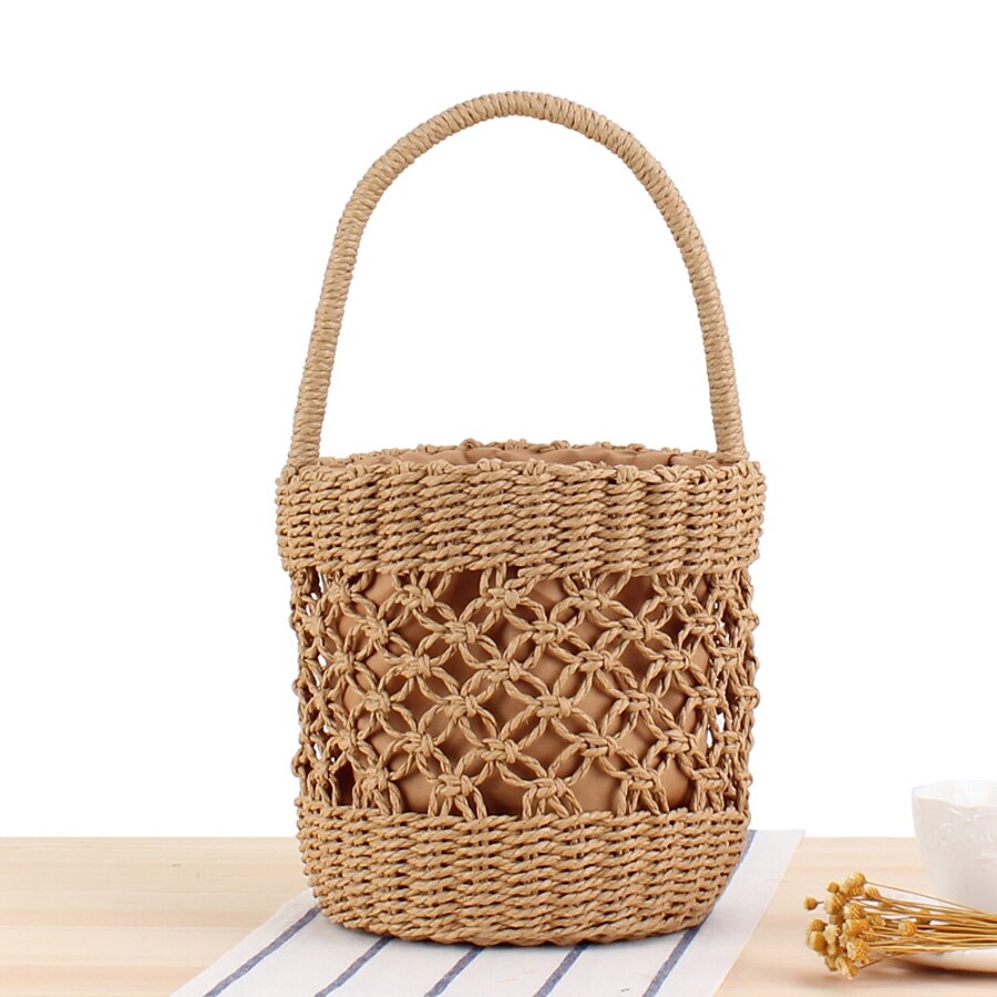  Women's Straw Bag Beach Bag Polyester Straw Top Handle Bag Straw Bag Shopping Daily Solid Color Camel Beige