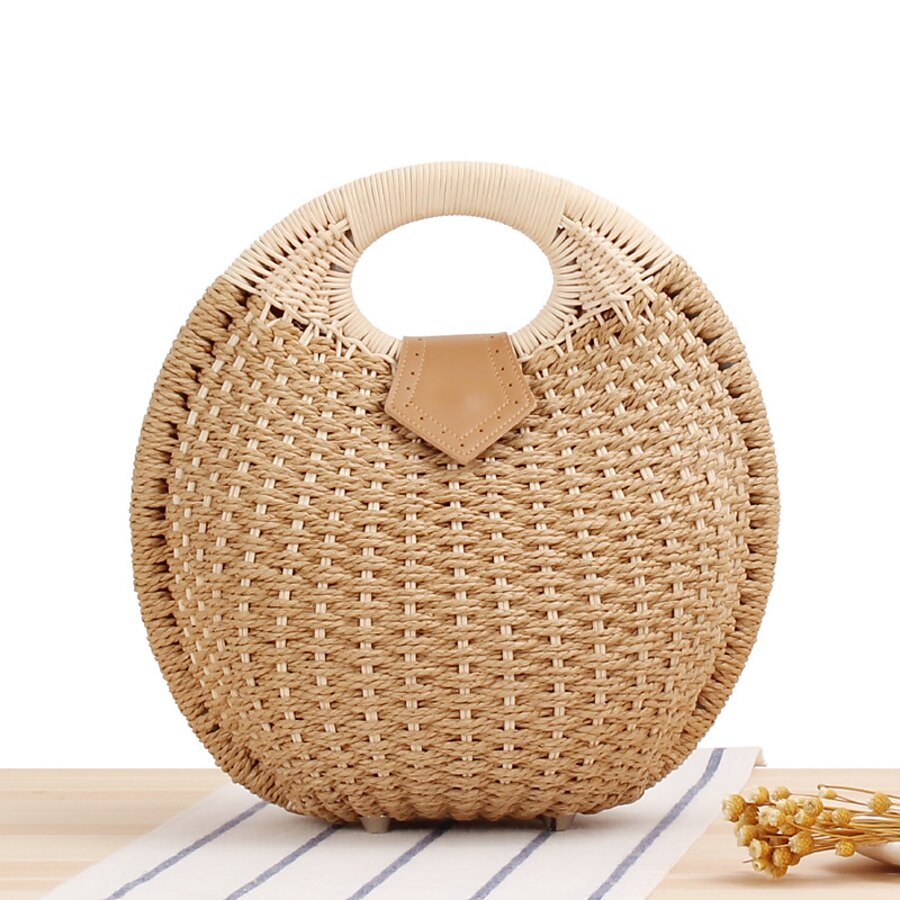  Women's Polyester Cotton Top Handle Bag Straw Bag Daily Outdoor Solid Color White Almond Camel