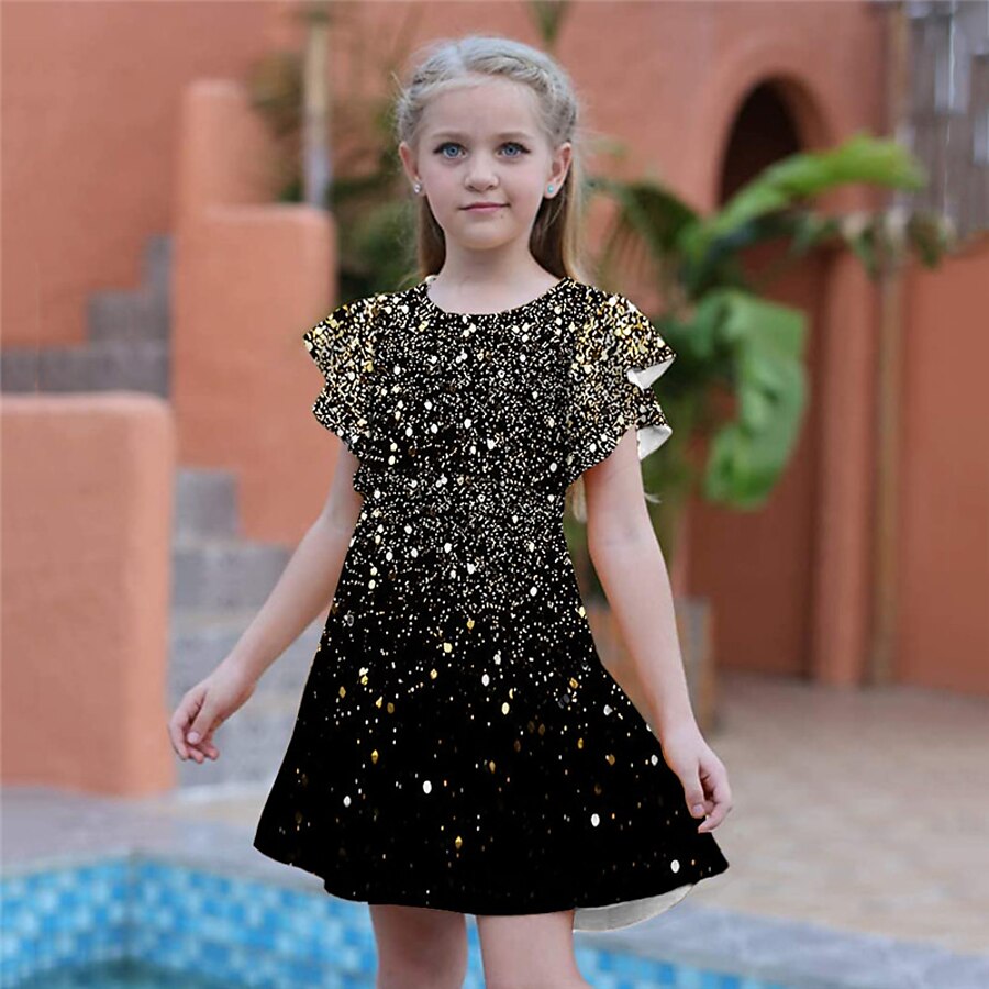  Kids Little Girls' Dress Graphic Daily Holiday Vacation A Line Dress Ruffle Print Green Purple Yellow Above Knee Short Sleeve Casual Cute Sweet Dresses Spring Summer Regular Fit 3-12 Years