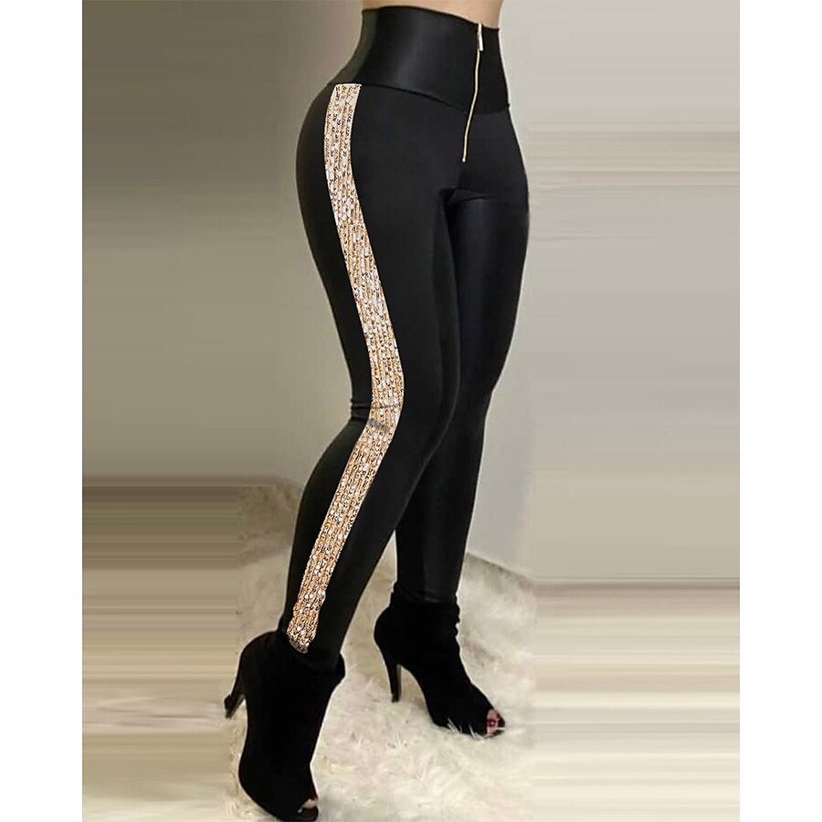  Women's Fashion Sequins Tights Leggings Ankle-Length Pants Stretchy Casual Weekend Stripe Mid Waist Tummy Control Butt Lift Slim Black Wine Dark Green Dark Blue S M L XL