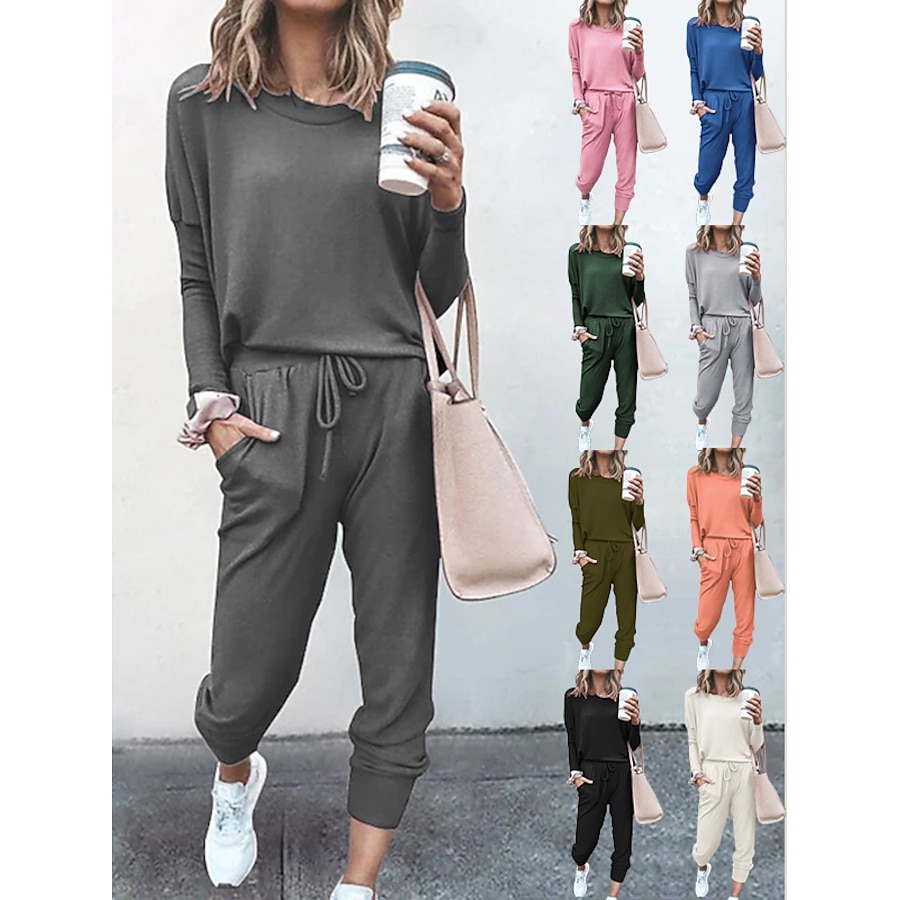  Women's Sweatsuit 2 Piece Crew Neck Drawstring Pocket Minimalist Solid Color Polyester Sport Athleisure Long Sleeve Clothing Suit Running Everyday Use Jogging Soft Oversized Comfortable Athleisure