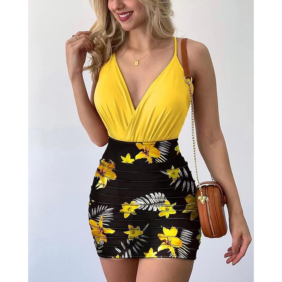  2022 spring and summer european and american cross-border amazon sexy fashion suspender top and trendy pleated printed skirt suit