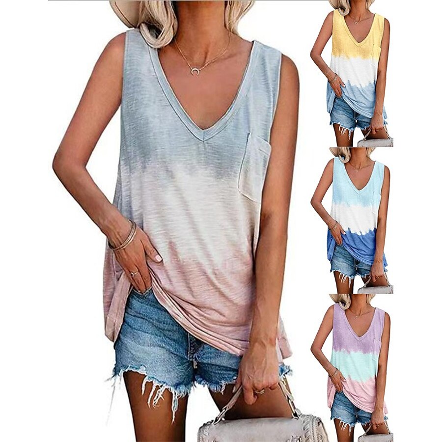  Women's Tank Top Tee / T-shirt V Neck Tie Dye Pocket Sport Athleisure Sleeveless Top Yoga Running Everyday Use Breathable Soft Comfortable Casual Athleisure Daily Outdoor