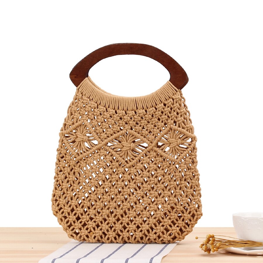 Women's Straw Bag Beach Bag Straw Top Handle Bag Straw Bag Shopping Daily Solid Color White Camel
