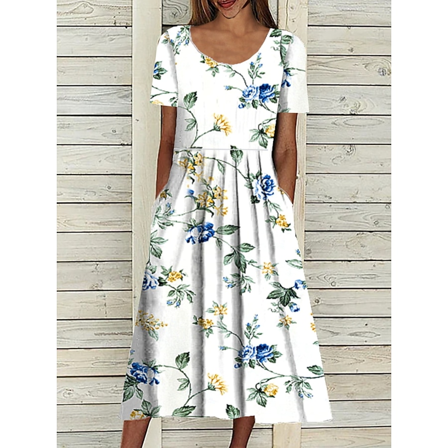  Women's Midi Dress A Line Dress White Short Sleeve Ruched Print Floral Print Crew Neck Spring Summer Basic Casual 2022 S M L XL XXL 3XL / Loose