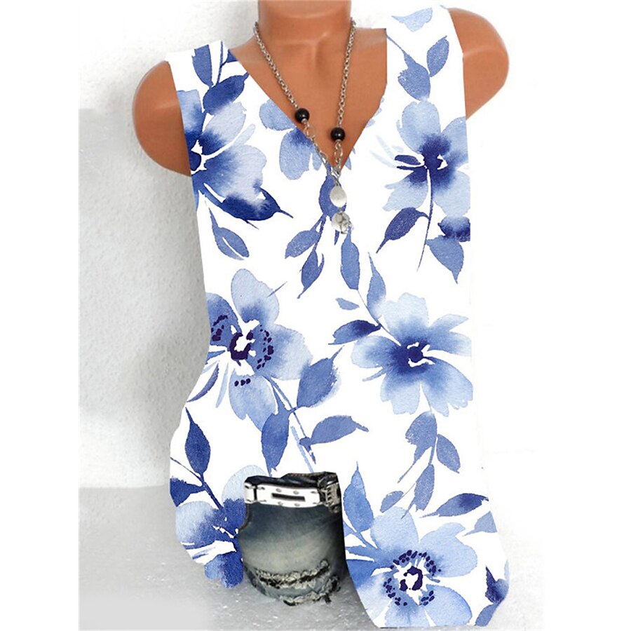  Women's Tank Top Camis Floral Theme Floral V Neck Print Casual Streetwear Tops Blue / 3D Print