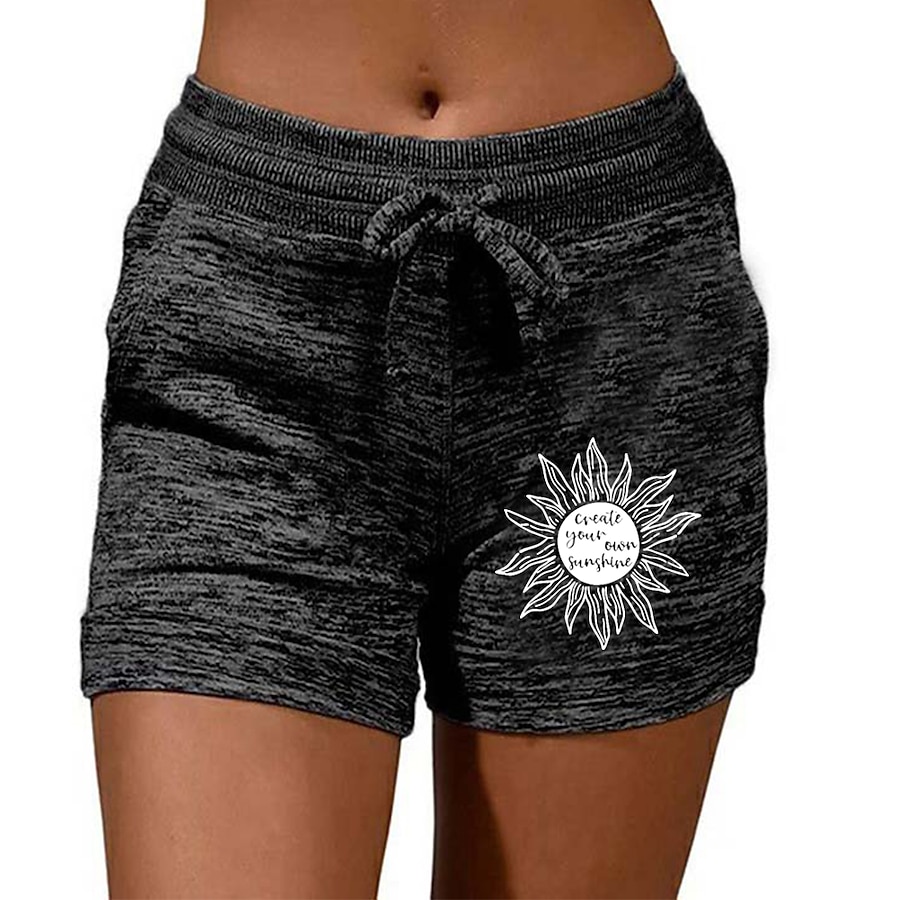  Women's Casual / Sporty Athleisure Drawstring Print Shorts Short Pants Micro-elastic Casual Weekend Cotton Blend Sun Letter Mid Waist Comfort Black Grey S M L XL XXL