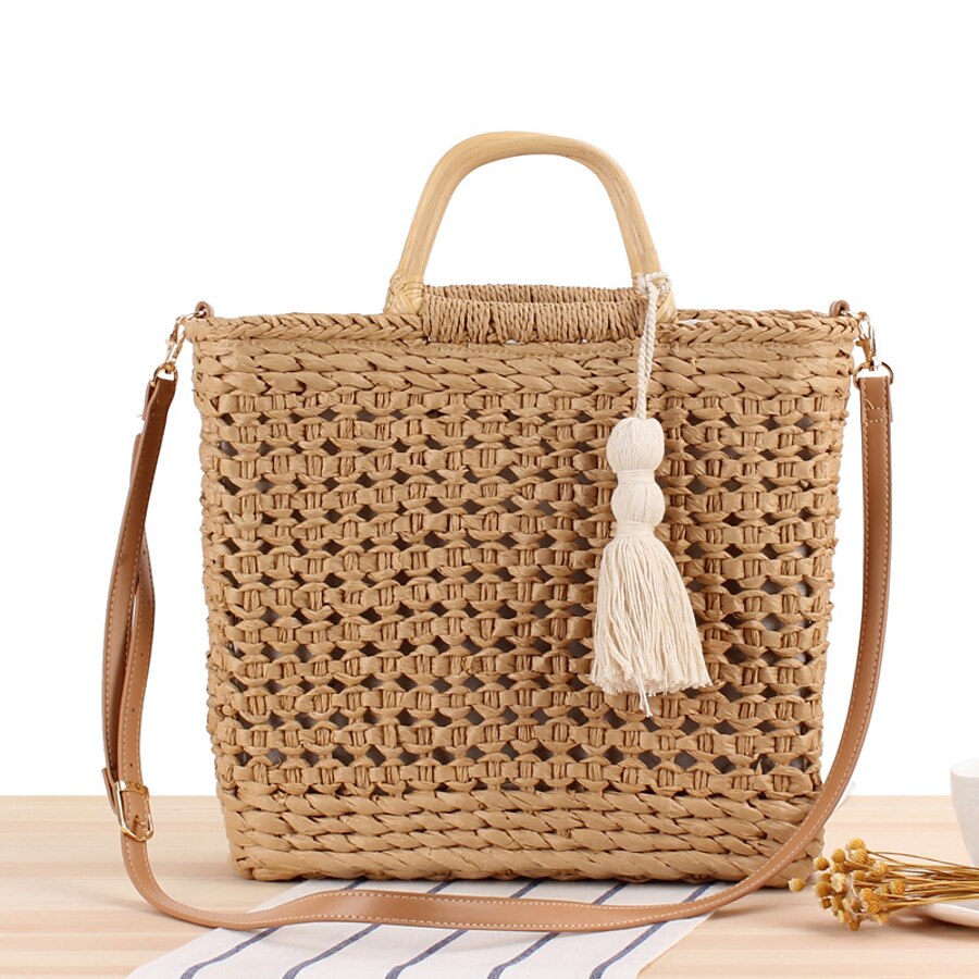  Women's Polyester Cotton Crossbody Bag Top Handle Bag Straw Bag Daily Going out Solid Color Camel Beige