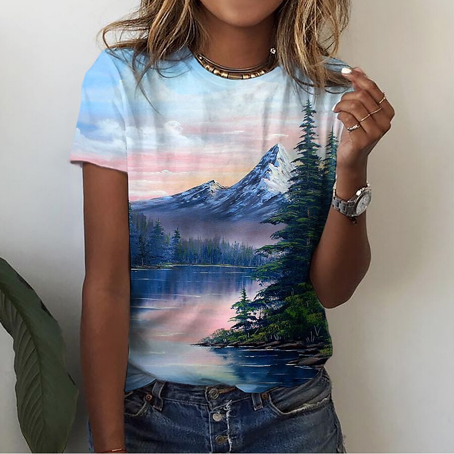  Women's Casual Holiday Going out T shirt Tee Floral Painting Short Sleeve Graphic 3D Round Neck Print Basic Holiday Hawaiian Tops Blue S / 3D Print