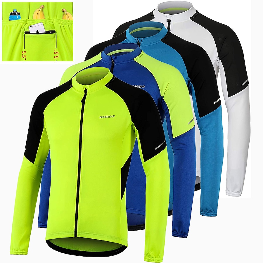  Men's Cycling Jersey Long Sleeve Bike Mountain Bike MTB Road Bike Cycling Jersey Top White Green Dark Blue Breathable Quick Dry Reflective Strips Polyester Sports Clothing Apparel / Micro-elastic