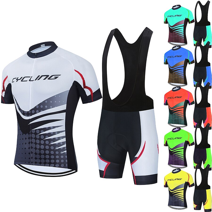  21Grams® Men's Cycling Jersey with Bib Shorts Short Sleeve Mountain Bike MTB Road Bike Cycling White Green Sky Blue Polka Dot Bike Spandex Polyester Clothing Suit 3D Pad Breathable Quick Dry Moisture