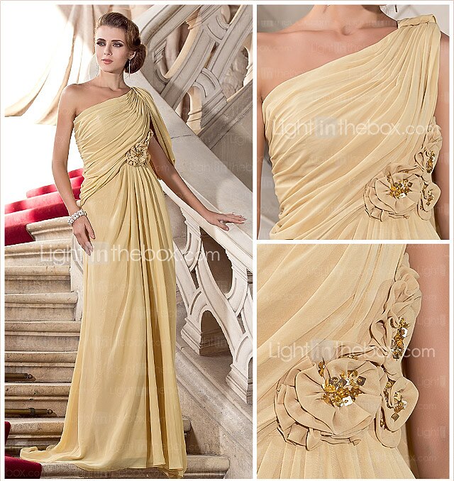 מעטפת \ עמוד אלגנטית לבוש רשמי ערב רישמי שובל סוויפ \ בראש ללא שרוולים כתפיה אחת שיפון עם חרוזים פרח 2025 2026 - $120.99 –P1