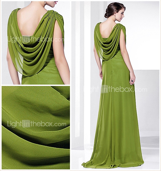 A tubino Elegante Vestito Invitati del matrimonio Serata formale Strascico a terra Senza maniche Girocollo Chiffon Shiena scoperta con Drappeggio 2023 del 2026 a $109.99 –P2