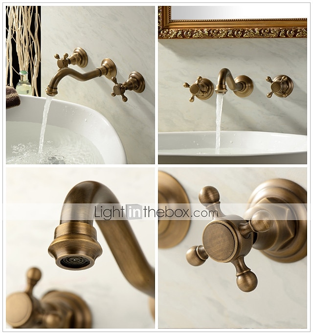 rubinetto miscelatore lavabo a parete, rubinetti per lavabo diffusi ottone vintage 2 maniglie 3 fori lavabo lavabo rubinetto con tubo acqua calda fredda retrò antico del 2026 a $105.99 –P2