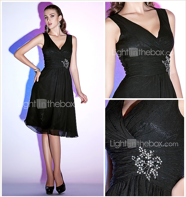 A-Line Elegant Wedding Guest Cocktail Party Dress V Neck Sleeveless Knee Length Chiffon with Pleats Crystals 2022 2026 - $126.99 –P1