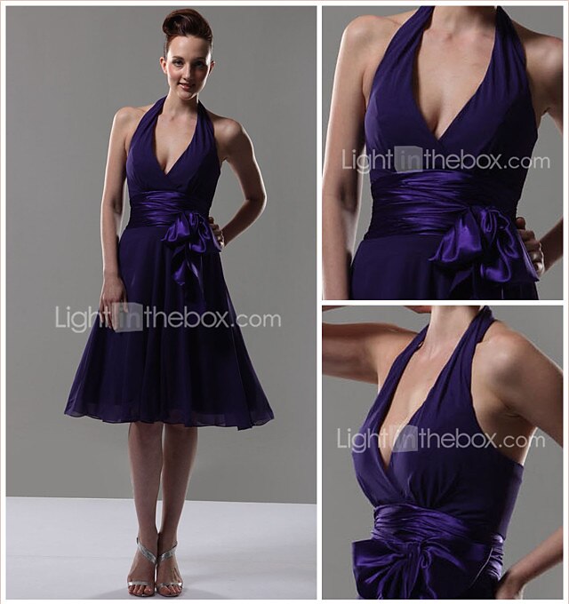A-Line Bridesmaid Dress Halter Neck / V Neck Sleeveless Sexy Knee Length Chiffon with Sash / Ribbon / Bow(s) 2022 2026 - $99.99 –P1