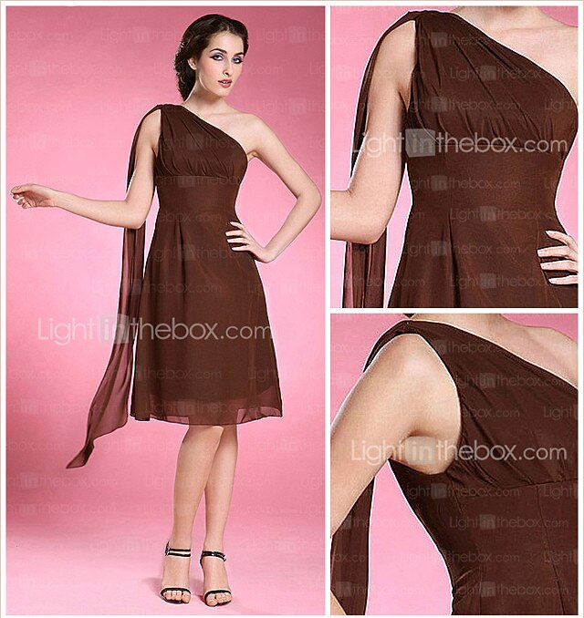 A-Line Mother of the Bride Dress Elegant One Shoulder Watteau Train Knee Length Chiffon Sleeveless with Side Draping 2023 2026 - $109.99 –P1