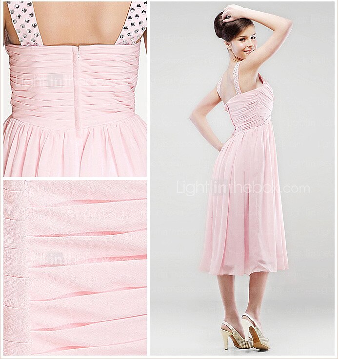 A-Linie Brautjungfernkleid V-Ausschnitt Ärmellos Offener Rücken Tee-Länge Chiffon mit Überkreuzte Rüschen / Plissee / Perlenstickerei 2022 2026 - $103.99 –P2