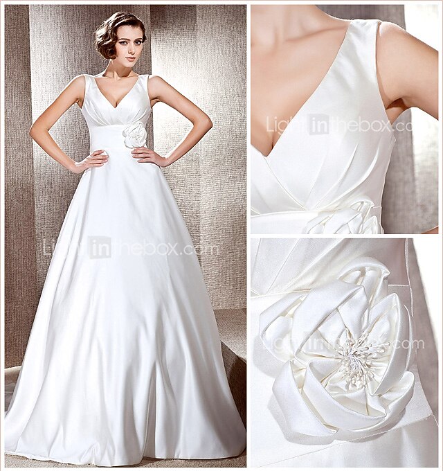 Princess A-Line Wedding Dresses V Neck Cathedral Train Satin Sleeveless with 2021 2026 - $264.49 –P1
