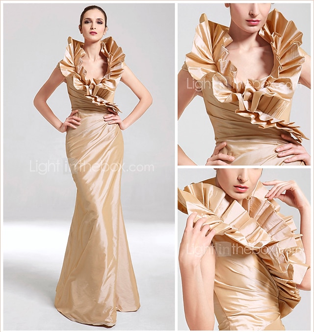 Sereia Elegante Vestido Desgaste do partido Longo Sem Manga Decote V Tafetá com Fru-Fru 2022 de 2026 por $89.99 –P1