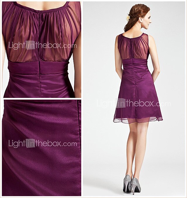 Princesa / Linha A Vestido de Madrinha Barco Pescoço Sem Manga Transparente Curto / Mini Chiffon com Detalhes em Cristal / Miçangas / Pregueado 2022 de 2026 por $94.99 –P2