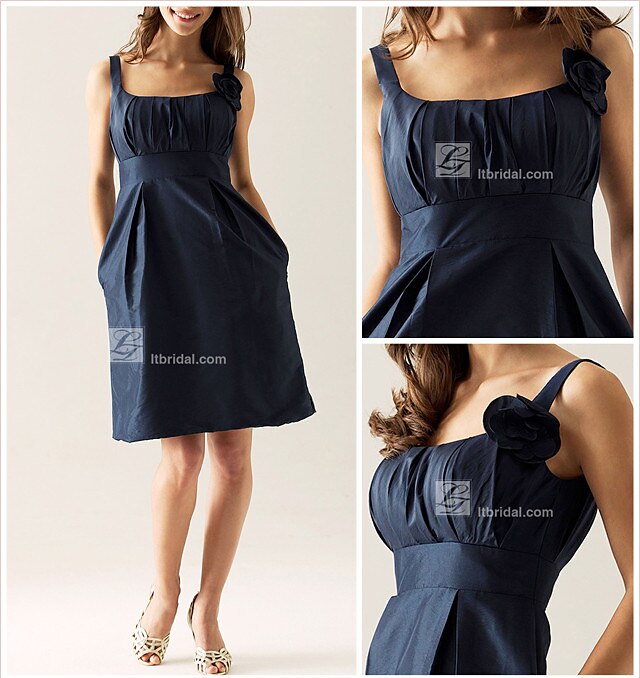 Sheath / Column Scoop Neck Knee Length Taffeta Bridesmaid Dress with Draping / Flower / Pocket 2025 - $59.99 –P1