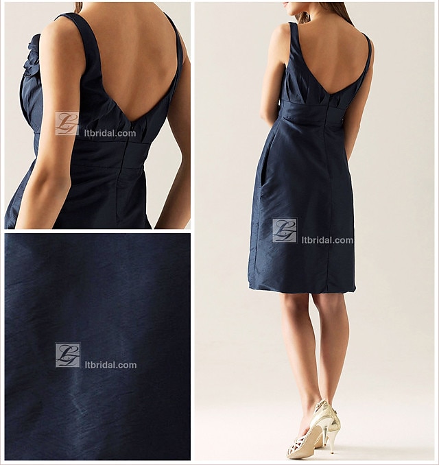 Sheath / Column Scoop Neck Knee Length Taffeta Bridesmaid Dress with Draping / Flower / Pocket 2025 - $59.99 –P2