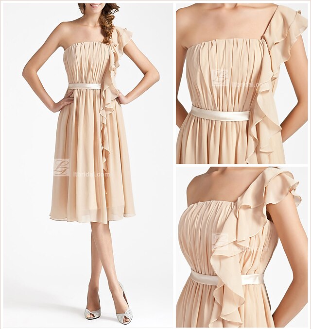 Sheath / Column One Shoulder Knee Length Chiffon Bridesmaid Dress with Sash / Ribbon / Ruffles / Draping 2026 - $80.99 –P1