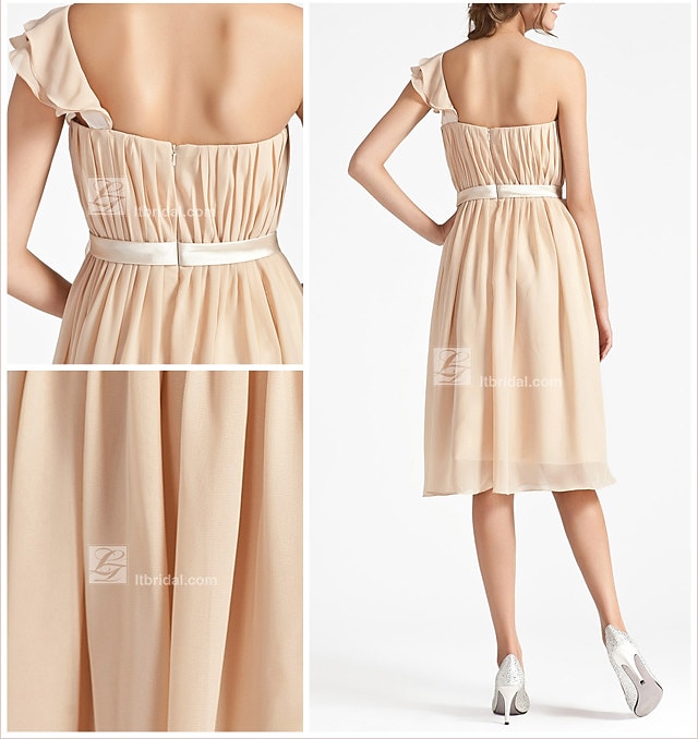 Sheath / Column One Shoulder Knee Length Chiffon Bridesmaid Dress with Sash / Ribbon / Ruffles / Draping 2026 - $80.99 –P2