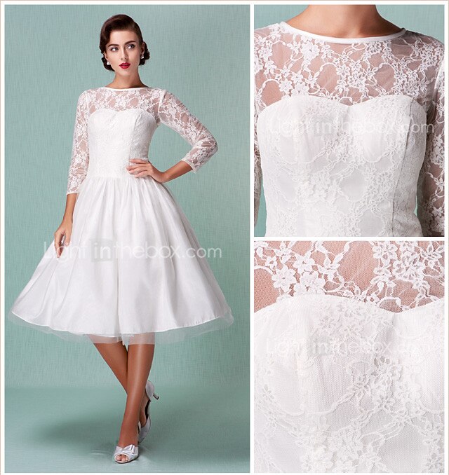 Linha A Vestidos de noiva Bateau Neck Até os Joelhos Renda Tule Manga 3/4 Vestidos Brancos Justos com Renda 2020 / Ilusão de 2026 por $164.99 –P1