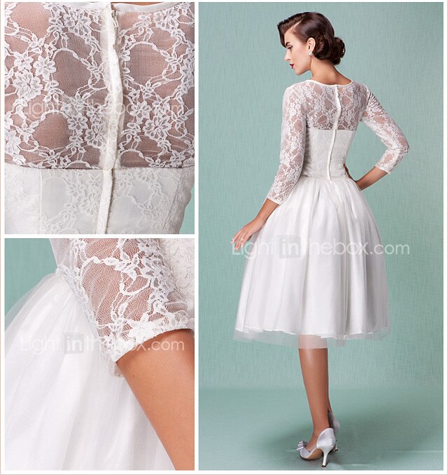 Linha A Vestidos de noiva Bateau Neck Até os Joelhos Renda Tule Manga 3/4 Vestidos Brancos Justos com Renda 2020 / Ilusão de 2026 por $164.99 –P2