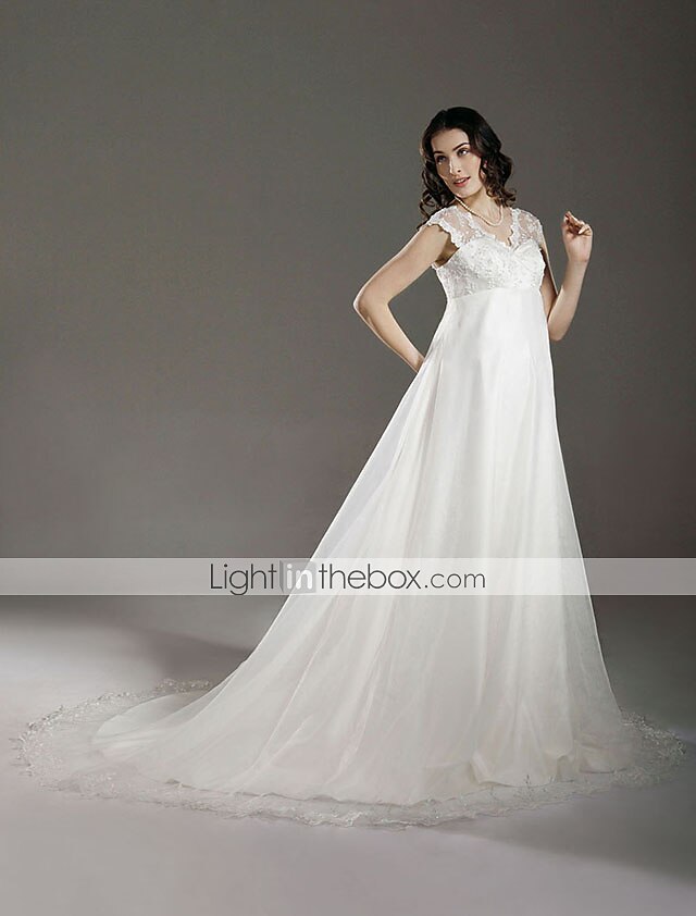 Linea-A Abiti da sposa A V Strascico di corte Di pizzo Organza Cinghie Regolari Traforato con Di pizzo Perline 2022 del 2026 a $218.49 –P8