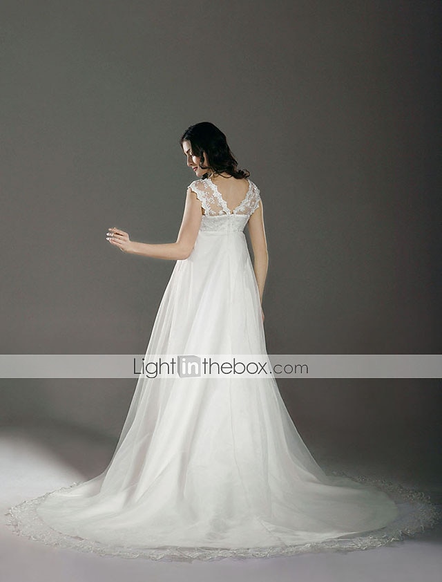 Linea-A Abiti da sposa A V Strascico di corte Di pizzo Organza Cinghie Regolari Traforato con Di pizzo Perline 2022 del 2026 a $218.49 –P9