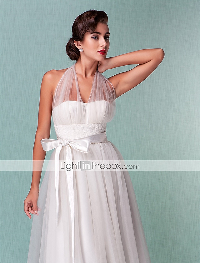 Standesamt Hochzeitskleider A-Linie Halfterhals Reguläre Träger Knie-Länge Satin Brautkleider Mit Schleife Schärpe / Band 2025 2026 - $126.99 –P6