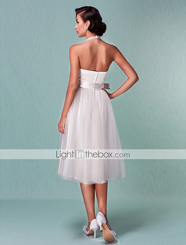 Standesamt Hochzeitskleider A-Linie Halfterhals Reguläre Träger Knie-Länge Satin Brautkleider Mit Schleife Schärpe / Band 2025 2026 - $126.99 –P5