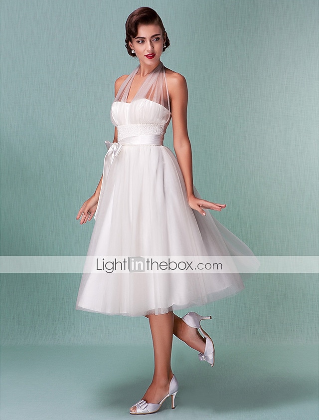 Standesamt Hochzeitskleider A-Linie Halfterhals Reguläre Träger Knie-Länge Satin Brautkleider Mit Schleife Schärpe / Band 2025 2026 - $126.99 –P4